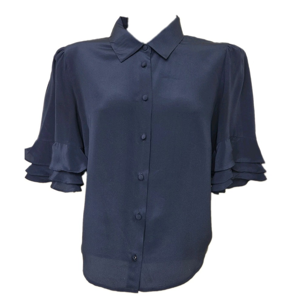 FRAME Blouse 100% Silk Navy Blue Puffed Ruffled Sleeves Collared Size XS